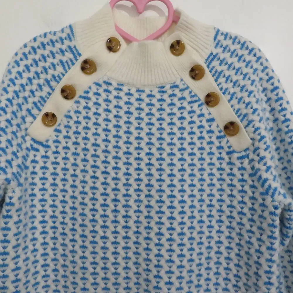Ann Taylor Women Sz S Blue White Geometric Knit Button Detail Mock Neck Sweater